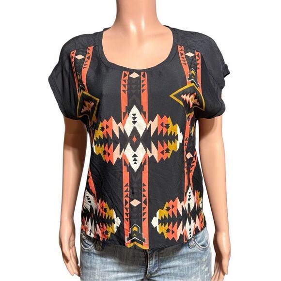Forever 21 crew neck black and orange Aztec printed polyester top M - Picture 1 of 6